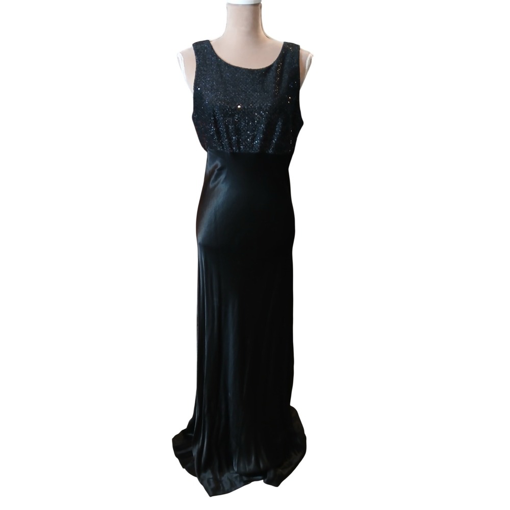 Vtg All That Jazz Black Sequins Bodice Satin Gown Evening Formal Size 13 14 y2k
